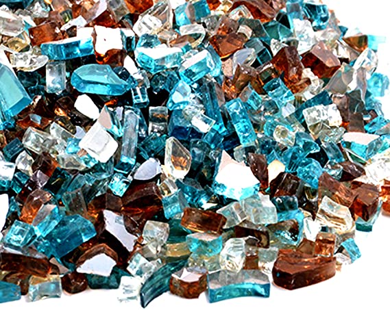 Skyflame 10-Pound Blended Fire Glass for Fire Pit Fireplace Landscaping, 1/4 Inch Aqua Blue, Platinum, Copper Reflective