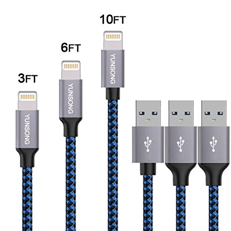Lightning Cable, YUNSONG 3PACK (3FT,6FT,10FT) Nylon Braided Charging Cable Cord Lightning to USB Cable Charger Compatible with iPhone 7/ 7 Plus/6/6s/6 plus/6s plus/ 5s/5c,iPad, iPod and More (Blue)