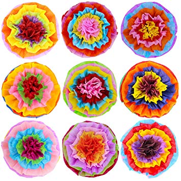 Supla 9 Pcs Fiesta Paper Flowers Pom Poms Flowers Tissue Pom Poms 15.4" Wide for Mexican Rainbow Theme Party Fiesta Cinco De Mayo Party