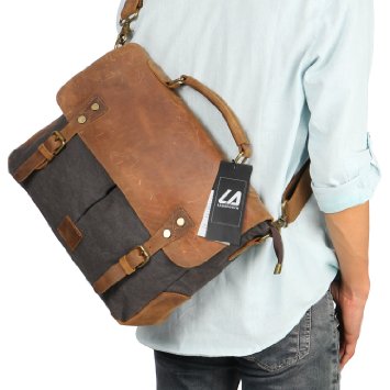 Langforth Genuine Leather Vintage 14" Laptop Canvas Messenger Satchel Bag Grey 13"(L)x10.5"(H) x 4.1"(W)