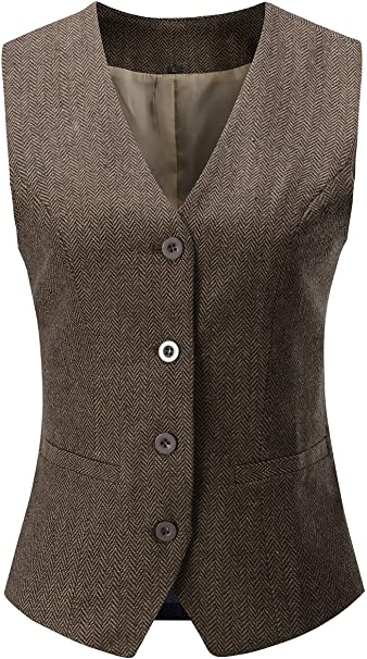 Vocni Women's Fully Lined 4 Button V-Neck Economy Dressy Suit Vest Waistcoat
