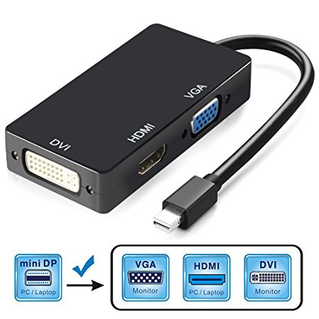 Mini DisplayPort to HDMI/VGA/DVI, Full HD 1080P Video Converter (Thunderbolt Compatible) for Macbook, Macbook Pro, iMac, Macbook Air, Mac Mini, Surface pro 1 2 3 4 ect.-Black