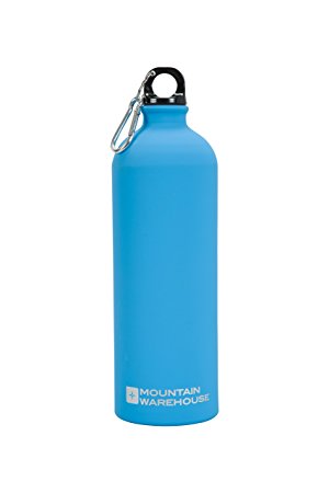 Mountain Warehouse Water Bottle - 1L Litre Matt Aluminium Drinking Drinks Flask   Carabiner Light