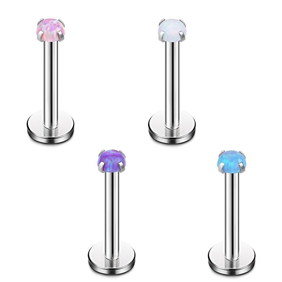 Ruifan 2mm 3mm 4mm Opal Internally Threaded Stainless Steel Labret Monroe Lip Ring Tragus Helix Earring Stud 16G 1/4" 6mm 4PCS