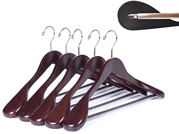 Amber Home Gugertree Solid Wooden Hanger, Suit Hanger, Coat Hanger with Extra-Wide Shoulders Walnut Color Smooth Finish with Sturdy Non Slip bar 5 pack