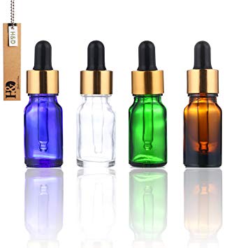 H&D Glass Bottles for Essential Oils with Glass Eye Dropper And Rubber Bulb, 1/2 oz Capacity,Pack of 4