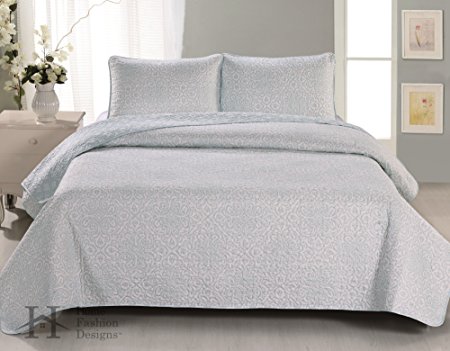 Sibylia Collection 3-Piece Luxury Quilt Set with Shams. Soft All-Season Microfiber Reversible Bedspread and Coverlet with Printed Pattern. By Home Fashion Designs Brand. (King, Aqua)