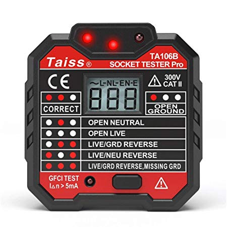 Socket Tester GFCI Outlet Tester 48-250V Automatic Electric Power Circuit Polarity Voltage Detector Wall Plug Breaker Finder Leakage Test With LED voltage display TA106B