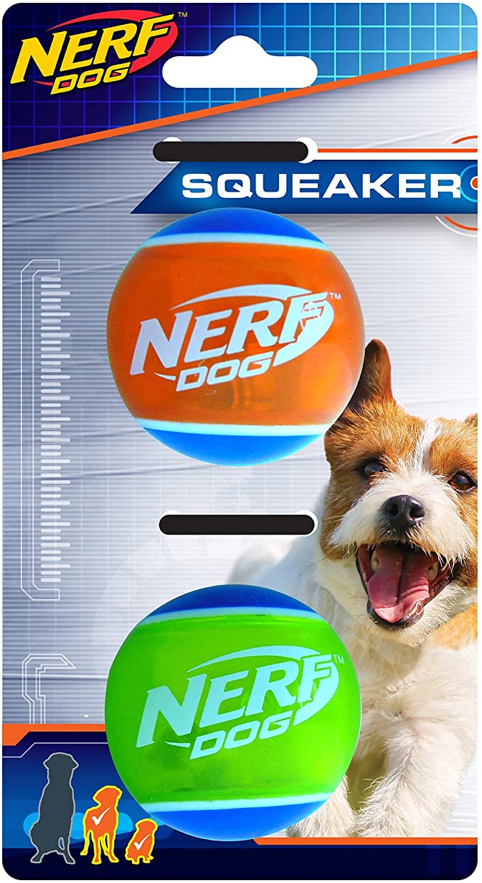 Nerf Dog Rubber Tennis Ball Dog Toys with Interactive Squeaker, Lightweight, Durable and Water Resistant, 2 Inches, for Small/Medium Breeds, Two Pack, Mixed Colors