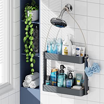ADOVEL Shower Caddy Hanging, 2 in 1 Shower Caddy Over Head, Sturdy Bathroom Shelf Organizer with Adjustable Height, Never Rust, No Drilling, 4 Suction Cups for Bathroom/ Toilet/ Kitchen