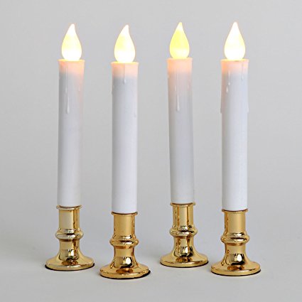 Set of 4 Extra Bright Flameless Taper Candles with Auto Timer and Removable Gold Base