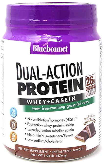 Bluebonnet Nutrition Dual-Action Protein Powder, Whey from Grass Fed Cows, 26 Grams of Protein, No Sugar Added, Non GMO, Gluten Free, Soy Free, Kosher Dairy, 1.05 lbs, 14 Servings, Chocolate Flavor