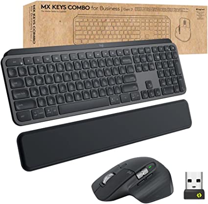 Logitech MX Keys Combo for Business | Gen 2, Full Size Wireless Keyboard and Wireless Mouse, with Keyboard Palm Rest, Bluetooth, Logi Bolt, Quiet Clicks, Windows/Mac/Chrome/Linux - Graphite