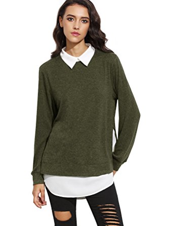 Romwe Women's Classic Collar Long Sleeve Curved Hem Pullover Sweatshirt