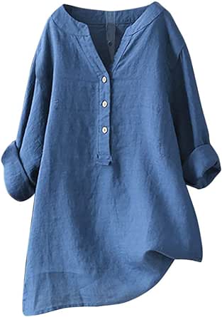 Cotton Linen Shirts for Women 2024 Buttons V Neck Long Sleeve Tops Trendy Dressy Blouses Casual Loose Comfy Tunic Tops