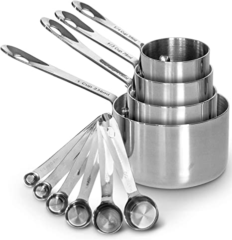 Heavy-Duty Unbreakable 18/8 Stainless Steel Measuring Cups and Spoons Set with Long Riveted Handles, Polished Stackable Measuring Cup and Measuring Spoon, Built to Last a Lifetime - Set of 10