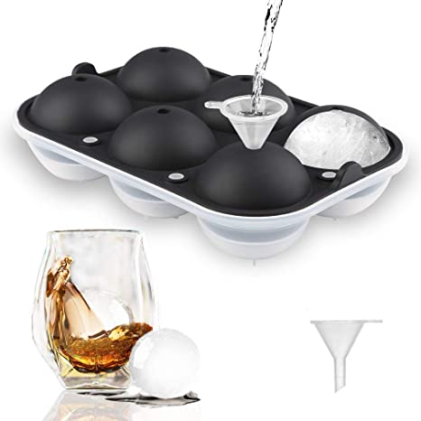 TGJOR Ice Cube Trays, Easy Release 2.5” Ice Sphere Mold Tray with Lid, Reusable Ice Ball Maker for Whiskey, Cocktail or Homemade (Funnel Included)-black