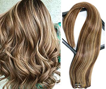 Clip in Human Hair Extensions #4-27 Medium Brown to Straberry Blonde Highlights 7 Pieces 70 Gram/Set Silky Straight Double Weft Remy Hair Clip on Extensions Gift for Girl Friend Ladies