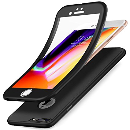 iPhone 8 Plus Case,iPhone 7 Plus Case,ikasus [Tempered Glass Protector] Ultra-thin Shockproof Armor Soft TPU Silicone Rubber Anti-Slick Full Body Protective Bumper Back Case Cover for Apple iPhone 8 Plus / iPhone 7 Plus,Black