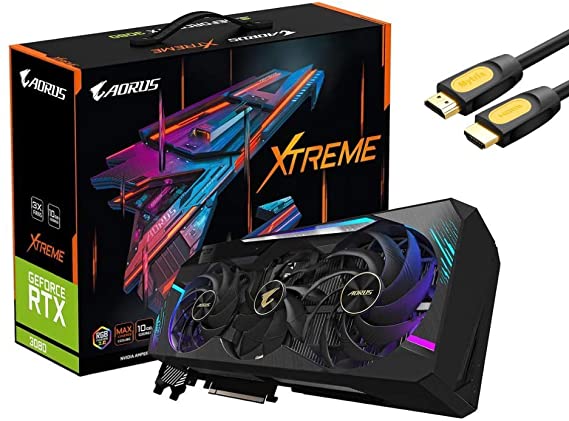 GIGABYTE AORUS GeForce RTX 3080 Xtreme Graphics Card, DirectX 12, 10GB 320-Bit GDDR6X, PCI Express 4.0, MAX-Covered Cooling, 2 x HDMI 2.1, 1 x HDMI 2.0, 3 x DisplayPort 1.4a w/ Mytrix HDMI Cable