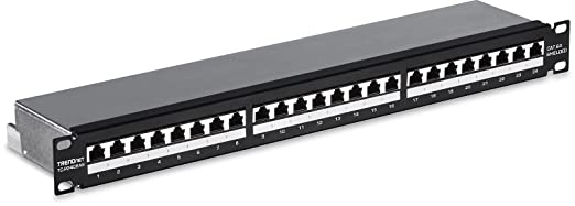 TRENDnet 24-Port Cat6A Shielded 1U Patch Panel, 19" 1U Rackmount Housing, Compatible with Cat5e, Cat6, and Cat6A Cabling, Ethernet Cable Management, Color Coded Labeling, Black, TC-P24C6AS