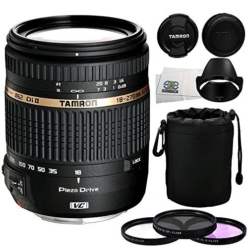 Tamron AF 18-270mm f/3.5-6.3 VC PZD All-In-One Zoom Lens for Canon DSLR Cameras with 3 Piece Filter Kit (UV-CPL-FLD), Protective Lens Carrying Pouch & Microfiber Cleaning Cloth