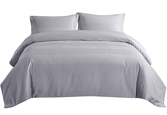 PHF Cotton Waffle Duvet Cover Set with Sateen Stripes Hotel Luxury Bedding for Winter 3 Pieces Queen Size Silver