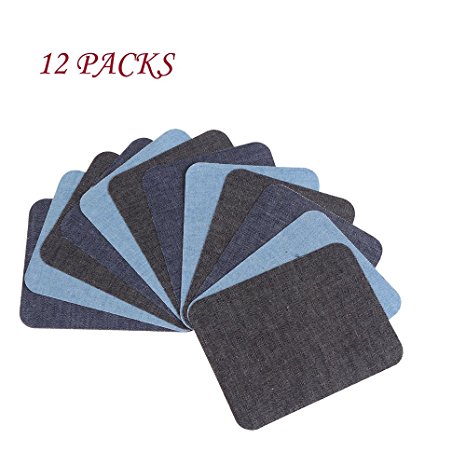 12 Packs Iron On Jean Patches with 3 Assorted Colors,4 Pcs per colors No-Sew Iron-On Cotton Jeans Repair Kit Denim Patches, 5x3.75 Inch/Pack