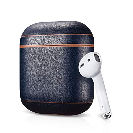 Leather Case for Apple AirPods, Designer Series - Air Vinyl Design, Protective Case Cover (Navy/Brown)