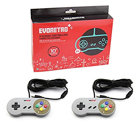 USB SNES Controllers (2-Pack) Vintage Nintendo Compatible NES Emulator Gamepads | Raspberry Pi 3 | Plug-and-Play USB Wired | TV Video Gaming w/ 10’ Long Cords by EVORETRO