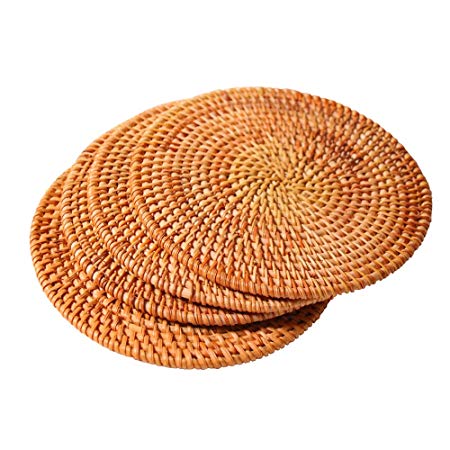 Hand-woven Rattan Coasters, Rattan Trivets for Hot Dishes Hot Pads, Exotic Handmade Teacup coasters, Creative Gift,Set of 4 (Round 7.87")