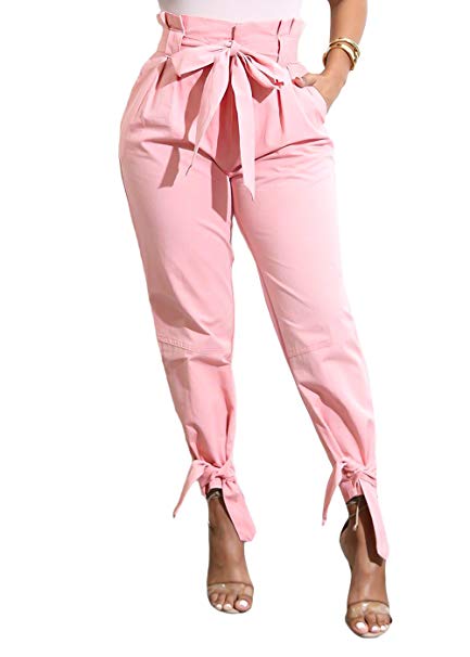 Yissang Women's Casual Loose Paper Bag Waist Long Pants Trousers Shorts with Bow Tie Belt Pockets