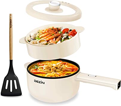 Dezin Electric Hot Pot with Steamer, 2L Non-Stick Sauté Pan, Rapid Noodles Cooker, Mini Pot for Steak, Ramen, Oatmeal, Soup with Power Adjustment, College Dorm Room Essential(Silicone Spatula Included)