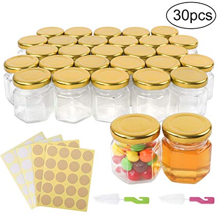 Superlele 30pcs 1.5oz Mini Hexagon Glass Jar Honey Bottle with 4pcs Sticker Sheets, 2pcs Brush for Party, Honey, Spice and Kitchen Supplies Storage