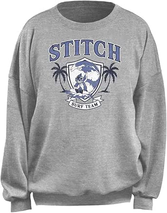 Disney Women's Junior's Stitch SURF Team Oversized Fleece, Heather Grey, Medium