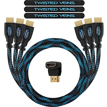 Twisted Veins HDMI Cable, 1.8m (6 ft), 3-Pack, Premium HDMI Lead Type High Speed with Ethernet, Supports HDMI 2.0b 4K 60hz