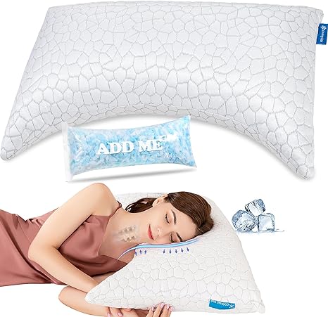 Cooling Side Sleeper Pillow for Neck and Shoulder Pain, Luxury Shredded Memory FoamBed Pillows for Sleeping Set of 1- Adjustable Queen Size Curved Pillow Neck Pillow- Bamboo Washable Pillow Cover