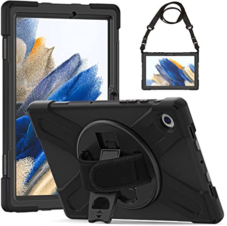 Gerutek for Galaxy Tab A8 10.5" Case 2022, 3 Layer Shockproof Structure Samsung Galaxy Tab A8 Tablet Case(SM-X200/X205/X207) for Kids with Shoulder/Hand Strap, Rotatable Kickstand, Black