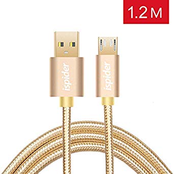 Ispider Micro USB Cable Charger 2.4A 1.2m High Speed Android Charger Cable-Premium Triple Braided Nylon Micro USB Charger for Samsung Galaxy S6/S7/S4/S3, Sony, LG, HTC, Nexus, Kindle, PS4 - Gold