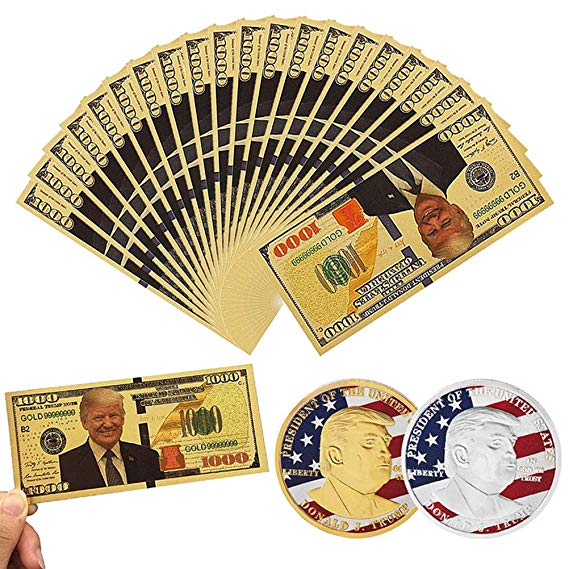 SUSHAFEN 10Pcs Donald Trump 2018 Gold Foil 1000 Dollar Bill Banknote,2 Pcs Gold and Silver Donald Trump Commemorative Challenge Coins President Donald Trump Novelty Collection Gift