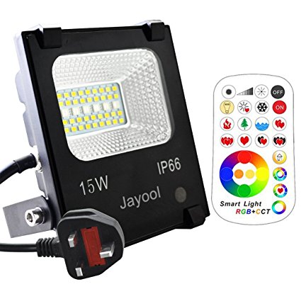 Jayool 15W Waterproof Outdoor RGBW LED Flood Light with Remote Control, 120 Colour LED Floodlight with UK 3-Plug, RGB   CCT (2800K-6500K) Warm White and Cool White Combined, Timing Function(1 Pack)