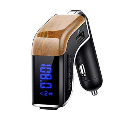 LUTU Mini Bluetooth FM Transmitter for Car, Wireless in-Car Radio Adapter Car Kit with Battery Voltage Display, Support Handsfree Calling and 2 USB Charger 3.1A, TF Card Slot USB Driver (Grain)