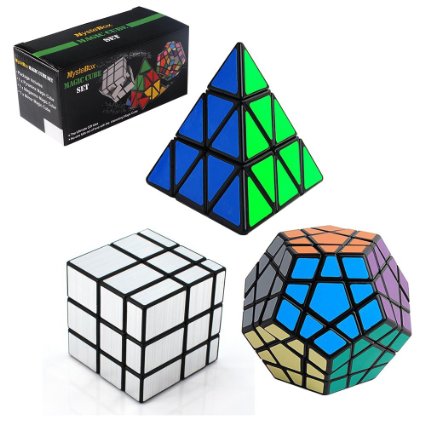 3-Pack Populer Magic Cube Puzzle - Included Pyraminx Speedcubing Black Puzzle, Megaminx Puzzle Cube and Silver Black Mirror Cube