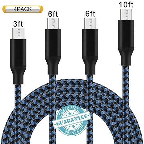 DANTENG Micro USB Cable 4Pack 3FT 6FT 6FT 10FT Premium Nylon Braided Android Cable High Speed USB 2.0 A Male to Micro B Sync Cord for Android, Samsung, HTC, Nokia, Sony and More - Black Blue