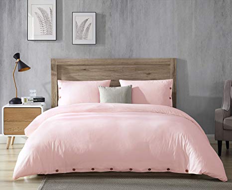 EXQ Home 100% Washed Cotton Pink Duvet Cover Set Full/Queen Size 3 Pcs, Super Soft Hotel Collection Bedding Vintage Comforter Cover with Button Closure (Hypoallergenic, Breathable)