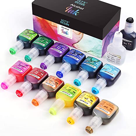 Alcohol Ink Painting Inks Set- LET'S RESIN 14 Fast Drying Flowing Alcohol Ink for Painting w/Blender & Gold Color Each 0.67oz – Vibrant & Highly Saturated Alcohol Ink for Resin,Ceramic,Alcohol Ink Art