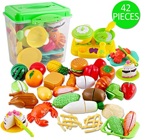 deAO Pretend 42 Piece Play Food Cutting Toy Kitchen Set - Educational Learning for Kids with Storage Box