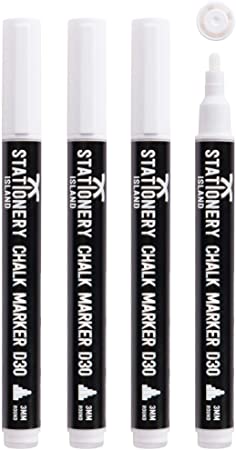 Stationery Island Chalk Markers D30 Pack Of 4 White – 3mm Fine Bullet Nibs. Dry Wipe Erase Liquid Chalk Pens. For Glass (Windows & Mirrors), Whiteboards, Signs And Non-Porous Blackboards