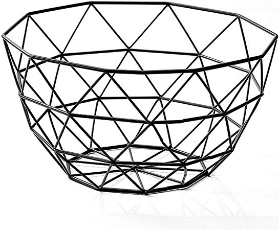 Wire Fruit Basket, Creative Mesh Fruit Dish Basket Bowl, Round Black Large Metal Storage Baskets, Modern Style Container Centerpiece for Vegetables, Bread, Snacks, Potpourris (Black, Large)