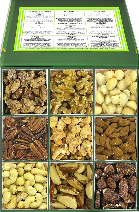 Natural Health 4 Life Gift Box Selection - Nuts - 9 Nut Varieties (Almonds, Walnuts, Cashews, Pecans, Macadamias) - Unique Custom Made Box - Gift for Him/Her - Total Weight 9=775g